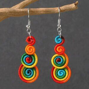 Bright Colorful Spiral Swirls Earrings Dangle Hippie Rainbow Boho Summer